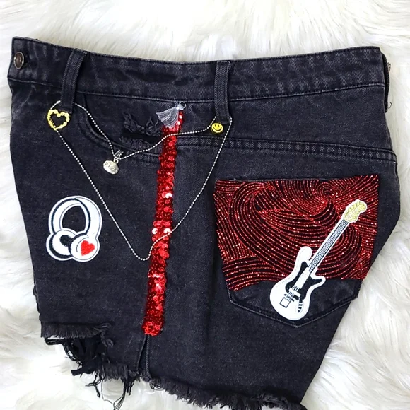 Shorts Size Small Black Denim Gray Red Embellished Upcycled Unique Handmade Fun - Picture 3 of 11